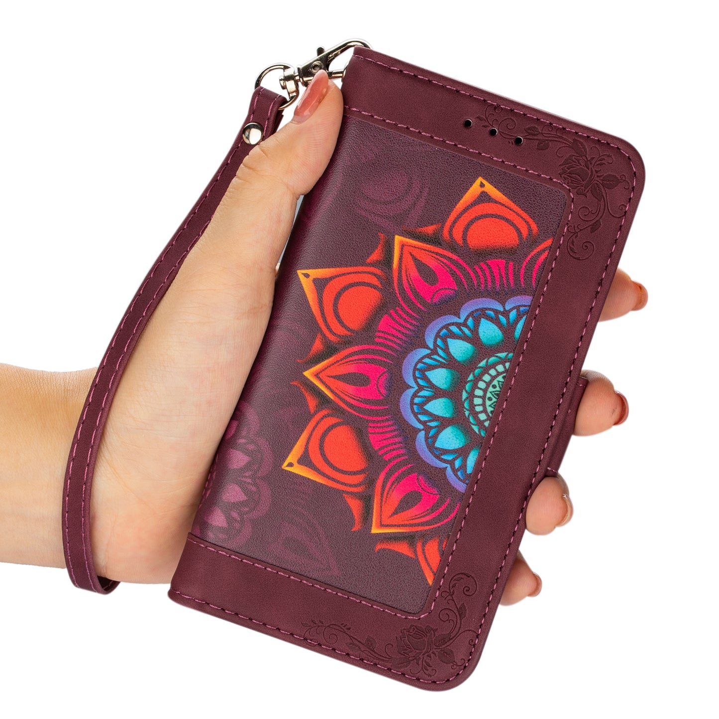 For Samsung Galaxy S20 FE/S20 Fan Edition/S20 FE 5G/S20 Fan Edition 5G/S20 Lite/S20 FE 2022 Flower Patterned PU Leather Wallet Stand Shell Cover - Wine Red