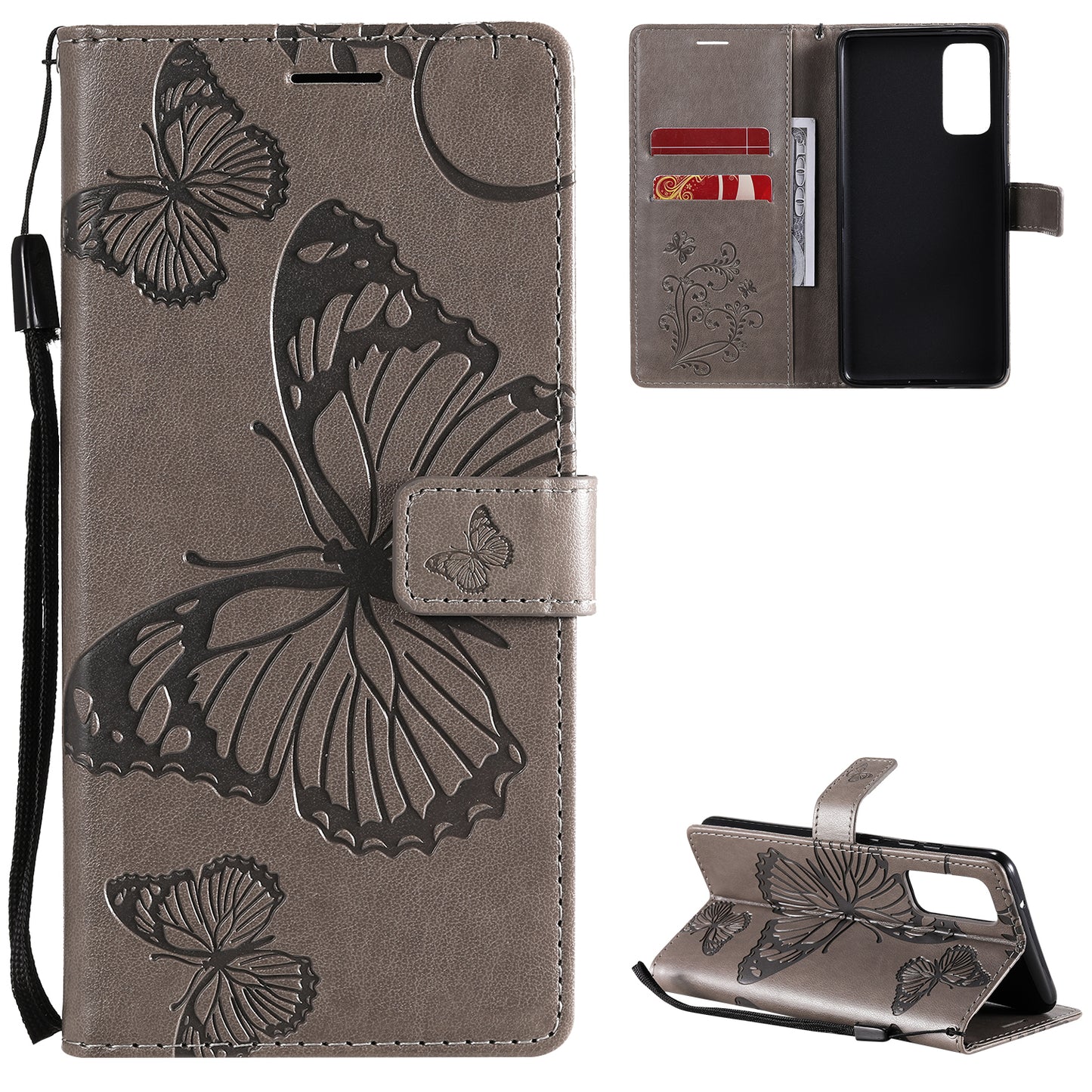 For Samsung Galaxy S20 FE/S20 Fan Edition/S20 FE 5G/S20 Fan Edition 5G/S20 Lite/S20 FE 2022 KT Imprinting Flower Series-2 Butterfly Pattern Imprinting Leather Wallet Phone Cover Case - Coffee
