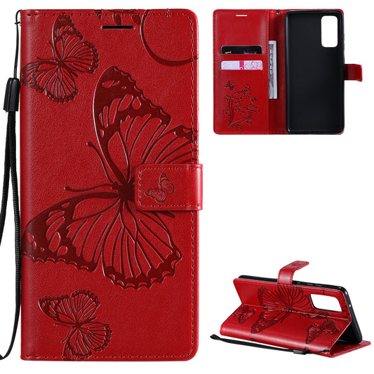 For Samsung Galaxy S20 FE/S20 Fan Edition/S20 FE 5G/S20 Fan Edition 5G/S20 Lite/S20 FE 2022 KT Imprinting Flower Series-2 Butterfly Pattern Imprinting Leather Wallet Phone Cover Case - Red