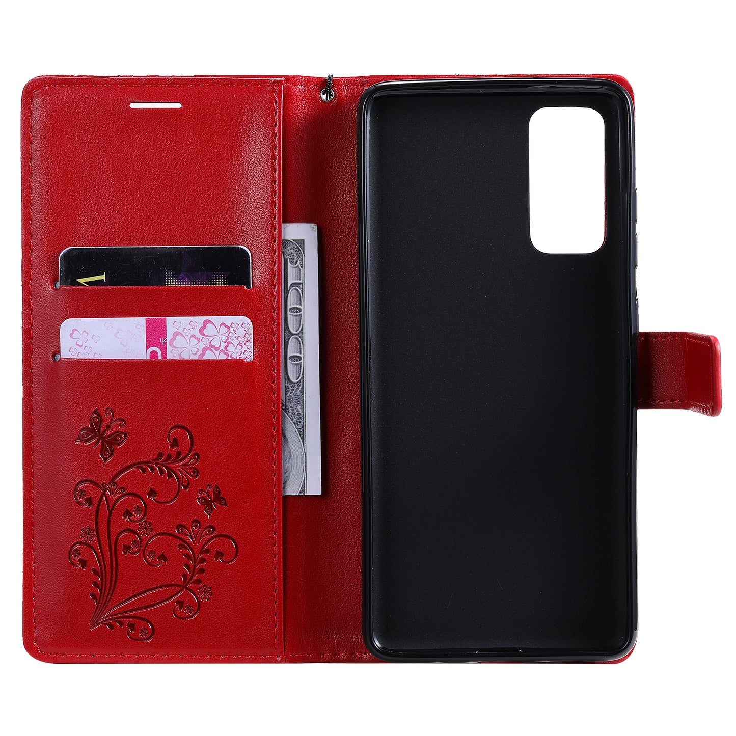 For Samsung Galaxy S20 FE/S20 Fan Edition/S20 FE 5G/S20 Fan Edition 5G/S20 Lite/S20 FE 2022 KT Imprinting Flower Series-2 Butterfly Pattern Imprinting Leather Wallet Phone Cover Case - Red