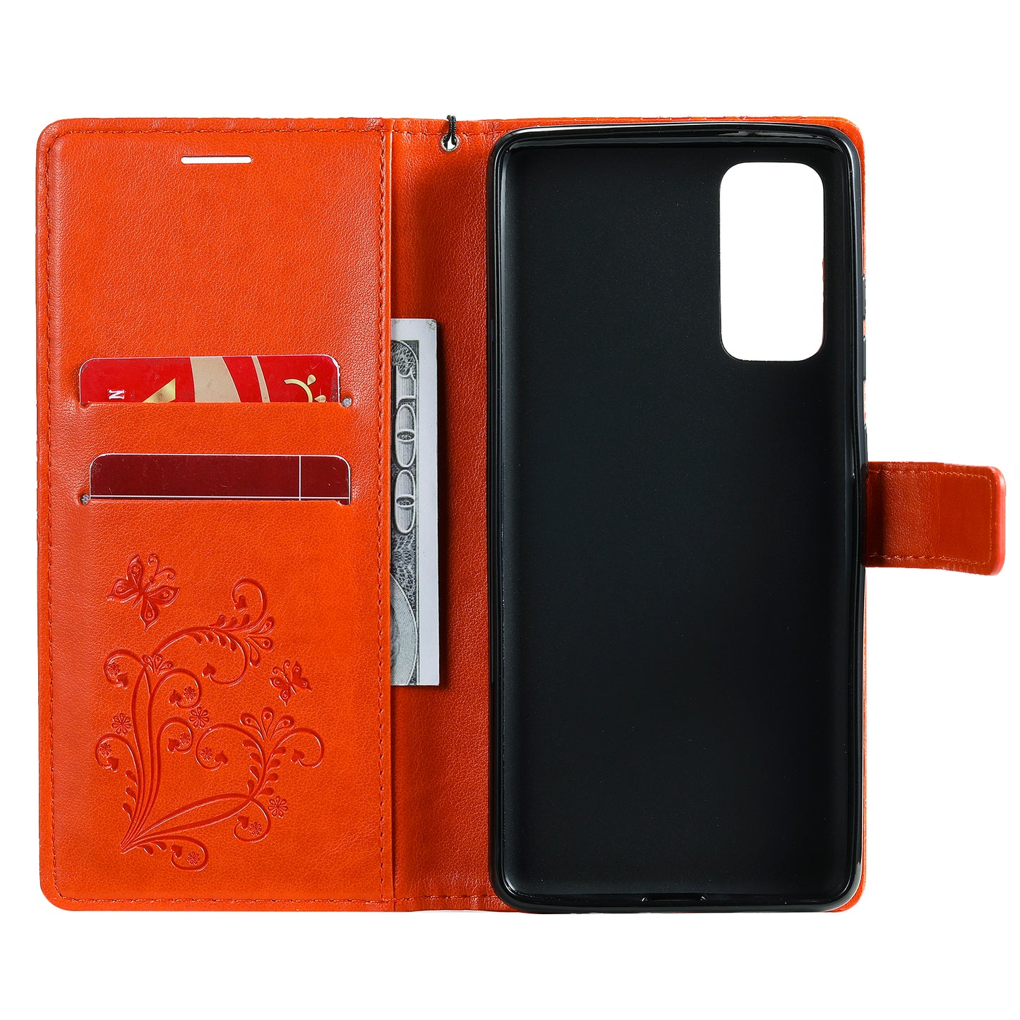 For Samsung Galaxy S20 FE/S20 Fan Edition/S20 FE 5G/S20 Fan Edition 5G/S20 Lite/S20 FE 2022 KT Imprinting Flower Series-2 Butterfly Pattern Imprinting Leather Wallet Phone Cover Case - Orange