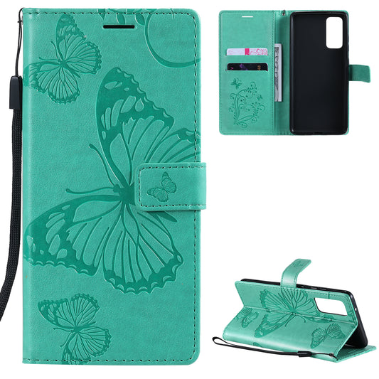 For Samsung Galaxy S20 FE/S20 Fan Edition/S20 FE 5G/S20 Fan Edition 5G/S20 Lite/S20 FE 2022 KT Imprinting Flower Series-2 Butterfly Pattern Imprinting Leather Wallet Phone Cover Case - Cyan
