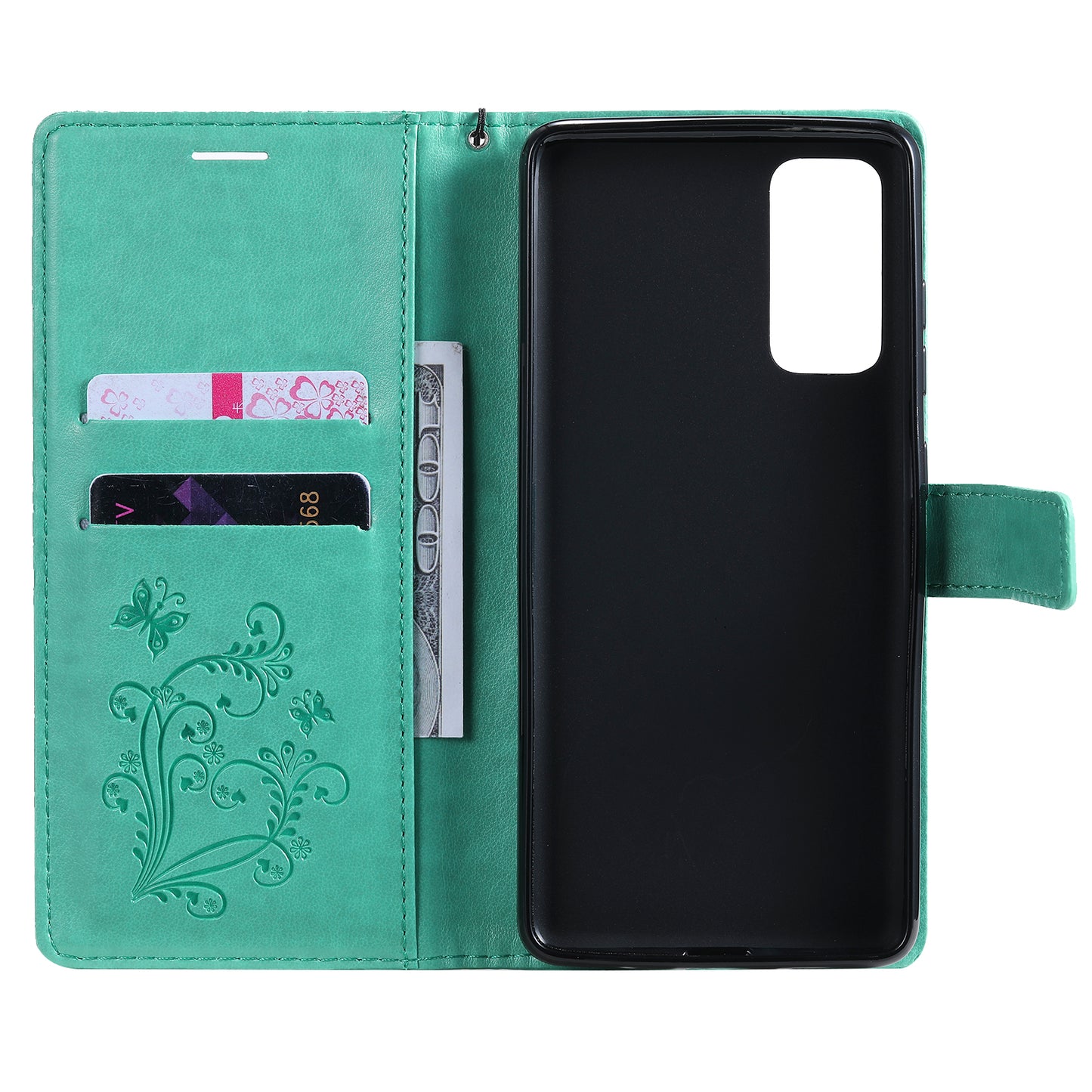 For Samsung Galaxy S20 FE/S20 Fan Edition/S20 FE 5G/S20 Fan Edition 5G/S20 Lite/S20 FE 2022 KT Imprinting Flower Series-2 Butterfly Pattern Imprinting Leather Wallet Phone Cover Case - Cyan
