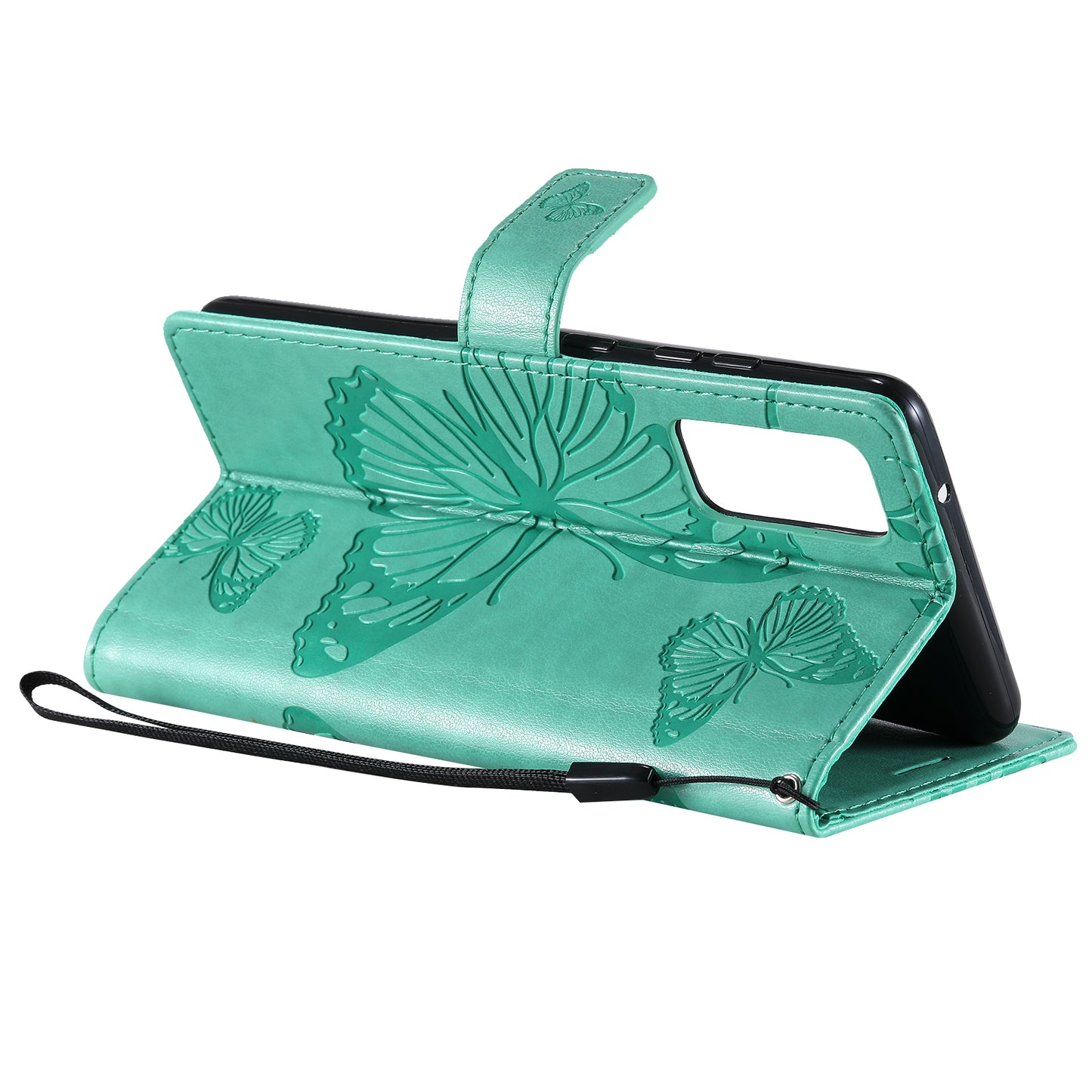 For Samsung Galaxy S20 FE/S20 Fan Edition/S20 FE 5G/S20 Fan Edition 5G/S20 Lite/S20 FE 2022 KT Imprinting Flower Series-2 Butterfly Pattern Imprinting Leather Wallet Phone Cover Case - Cyan