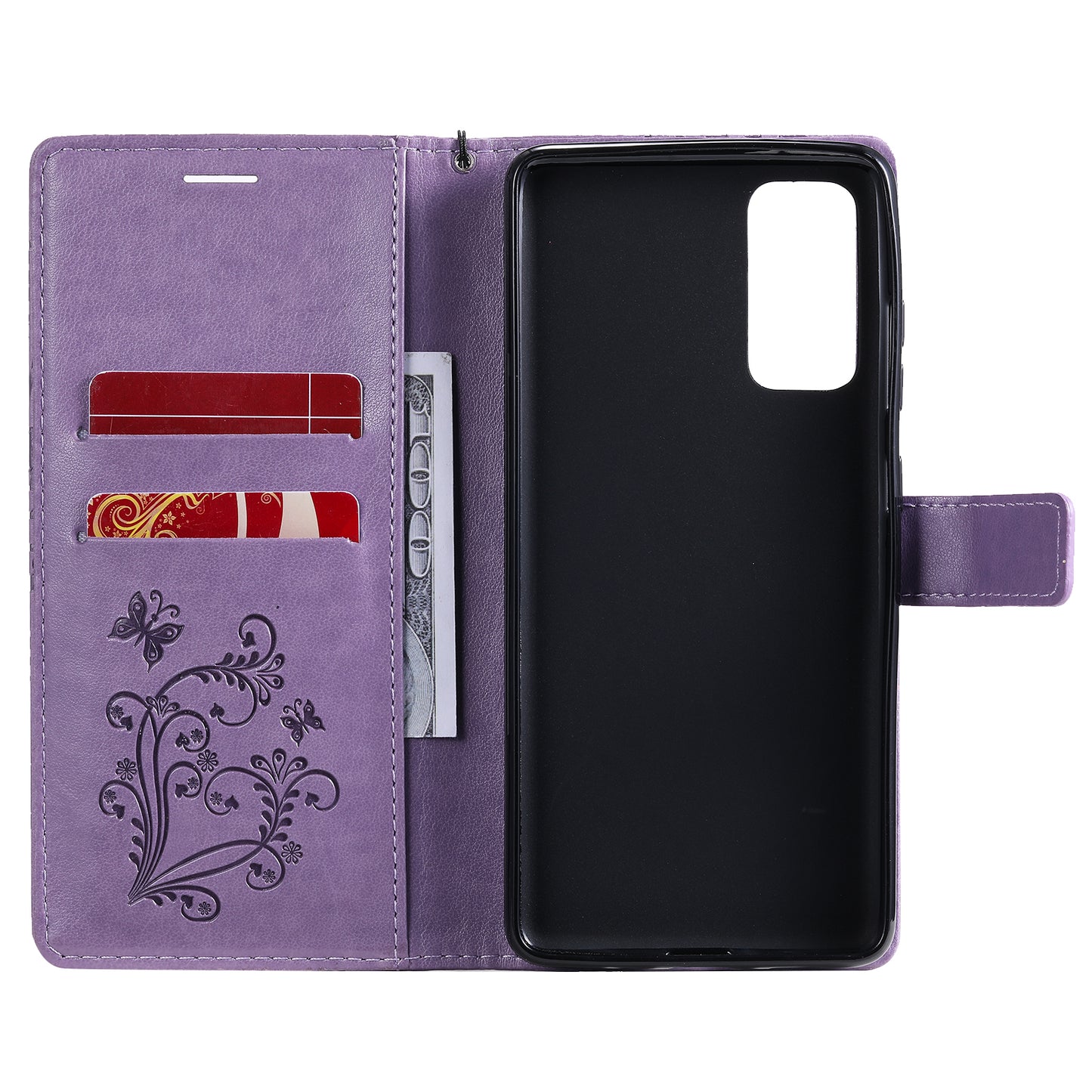 For Samsung Galaxy S20 FE/S20 Fan Edition/S20 FE 5G/S20 Fan Edition 5G/S20 Lite/S20 FE 2022 KT Imprinting Flower Series-2 Butterfly Pattern Imprinting Leather Wallet Phone Cover Case - Purple
