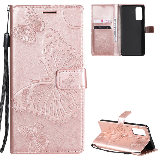 For Samsung Galaxy S20 FE/S20 Fan Edition/S20 FE 5G/S20 Fan Edition 5G/S20 Lite/S20 FE 2022 KT Imprinting Flower Series-2 Butterfly Pattern Imprinting Leather Wallet Phone Cover Case - Rose Gold