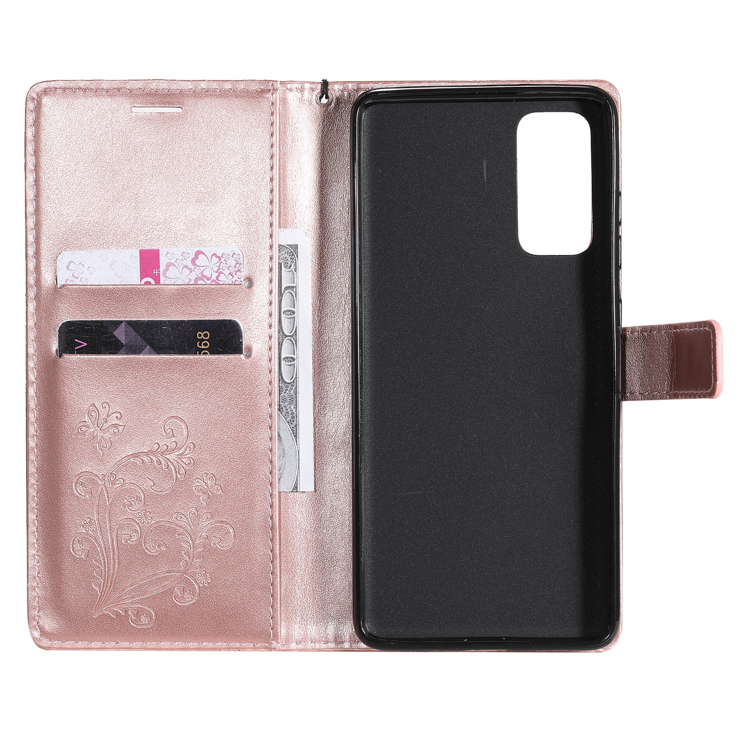 For Samsung Galaxy S20 FE/S20 Fan Edition/S20 FE 5G/S20 Fan Edition 5G/S20 Lite/S20 FE 2022 KT Imprinting Flower Series-2 Butterfly Pattern Imprinting Leather Wallet Phone Cover Case - Rose Gold
