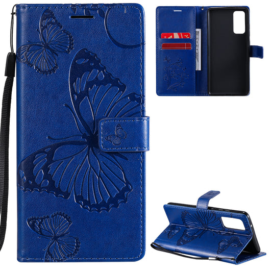 For Samsung Galaxy S20 FE/S20 Fan Edition/S20 FE 5G/S20 Fan Edition 5G/S20 Lite/S20 FE 2022 KT Imprinting Flower Series-2 Butterfly Pattern Imprinting Leather Wallet Phone Cover Case - Blue