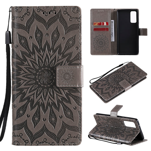 For Samsung Galaxy S20 FE/S20 Fan Edition/S20 FE 5G/S20 Fan Edition 5G/S20 Lite/S20 FE 2022 KT Imprinting Flower Series-1 Imprint Sunflower Pattern PU Leather Phone Cover Shell with Wallet and Stand - Grey