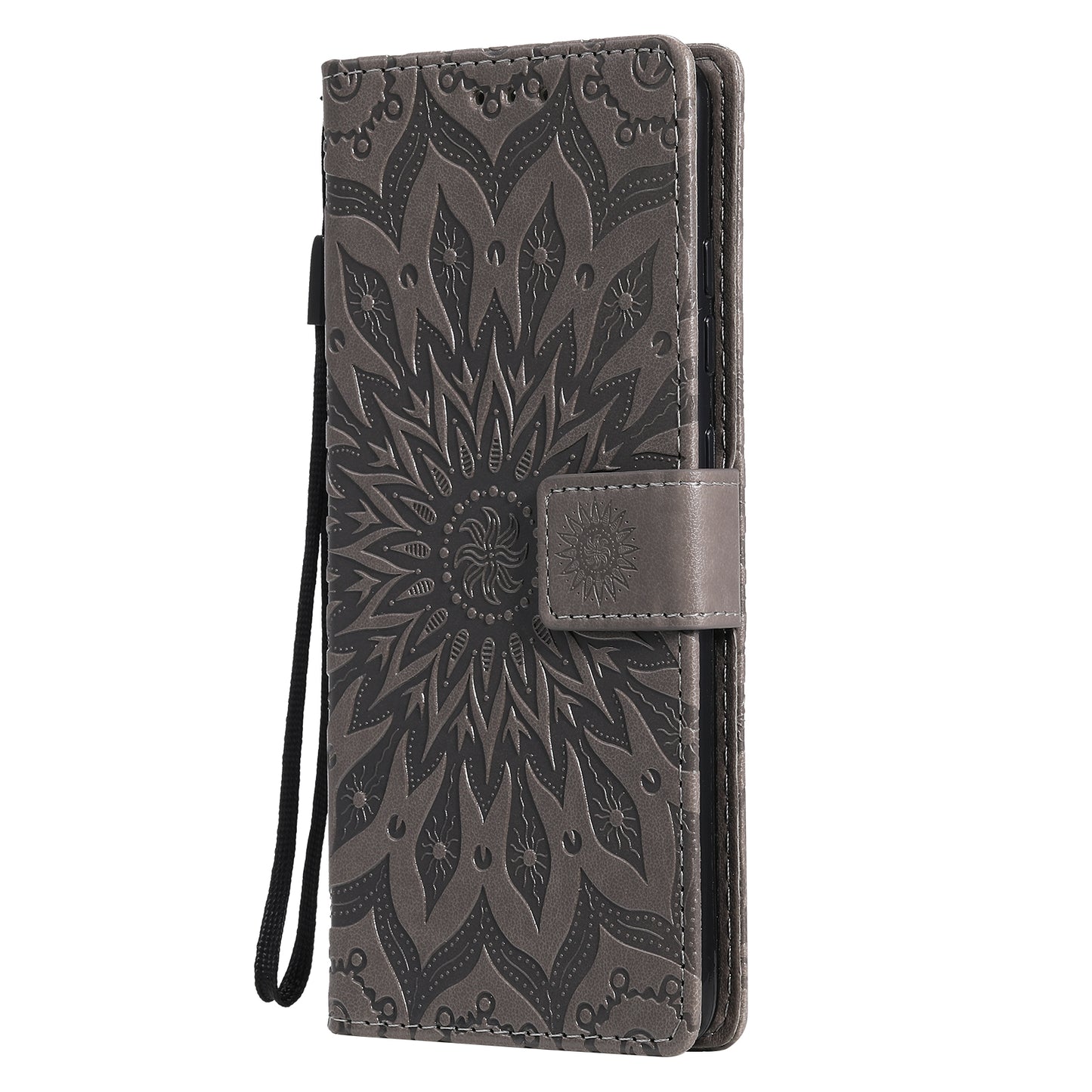 For Samsung Galaxy S20 FE/S20 Fan Edition/S20 FE 5G/S20 Fan Edition 5G/S20 Lite/S20 FE 2022 KT Imprinting Flower Series-1 Imprint Sunflower Pattern PU Leather Phone Cover Shell with Wallet and Stand - Grey