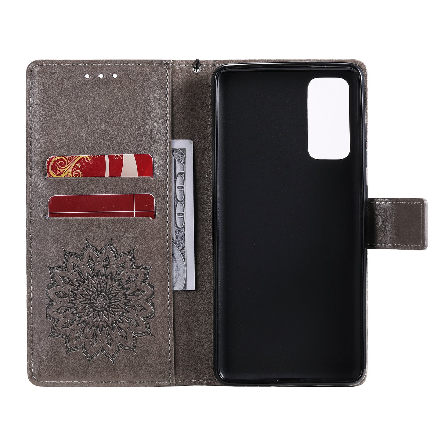 For Samsung Galaxy S20 FE/S20 Fan Edition/S20 FE 5G/S20 Fan Edition 5G/S20 Lite/S20 FE 2022 KT Imprinting Flower Series-1 Imprint Sunflower Pattern PU Leather Phone Cover Shell with Wallet and Stand - Grey