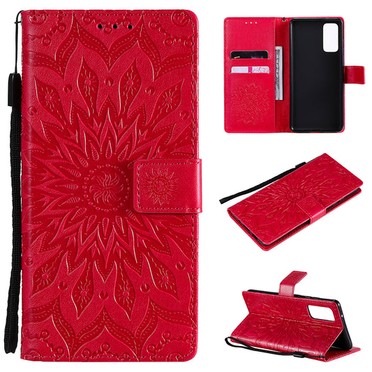 For Samsung Galaxy S20 FE/S20 Fan Edition/S20 FE 5G/S20 Fan Edition 5G/S20 Lite/S20 FE 2022 KT Imprinting Flower Series-1 Imprint Sunflower Pattern PU Leather Phone Cover Shell with Wallet and Stand - Red