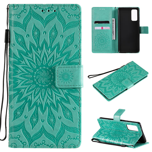 For Samsung Galaxy S20 FE/S20 Fan Edition/S20 FE 5G/S20 Fan Edition 5G/S20 Lite/S20 FE 2022 KT Imprinting Flower Series-1 Imprint Sunflower Pattern PU Leather Phone Cover Shell with Wallet and Stand - Cyan