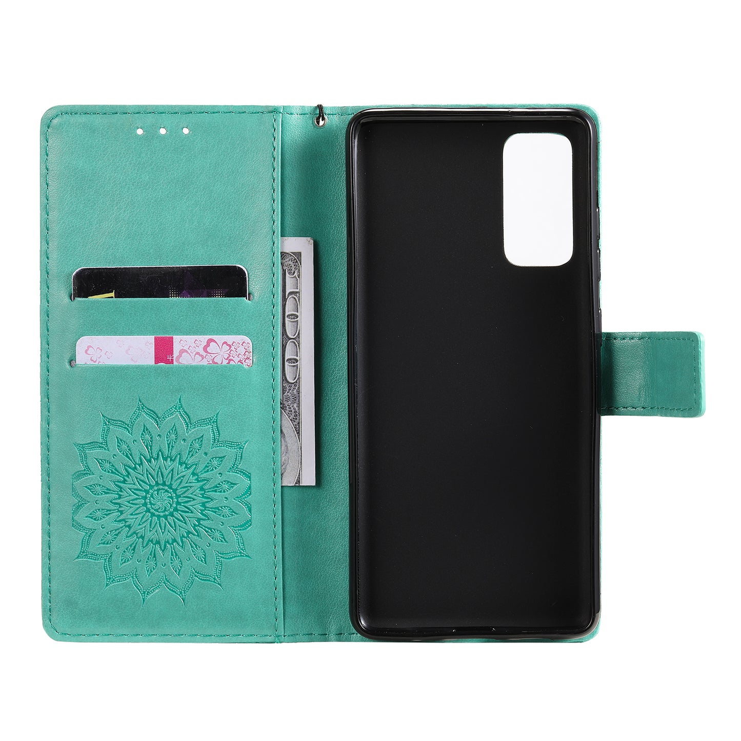 For Samsung Galaxy S20 FE/S20 Fan Edition/S20 FE 5G/S20 Fan Edition 5G/S20 Lite/S20 FE 2022 KT Imprinting Flower Series-1 Imprint Sunflower Pattern PU Leather Phone Cover Shell with Wallet and Stand - Cyan