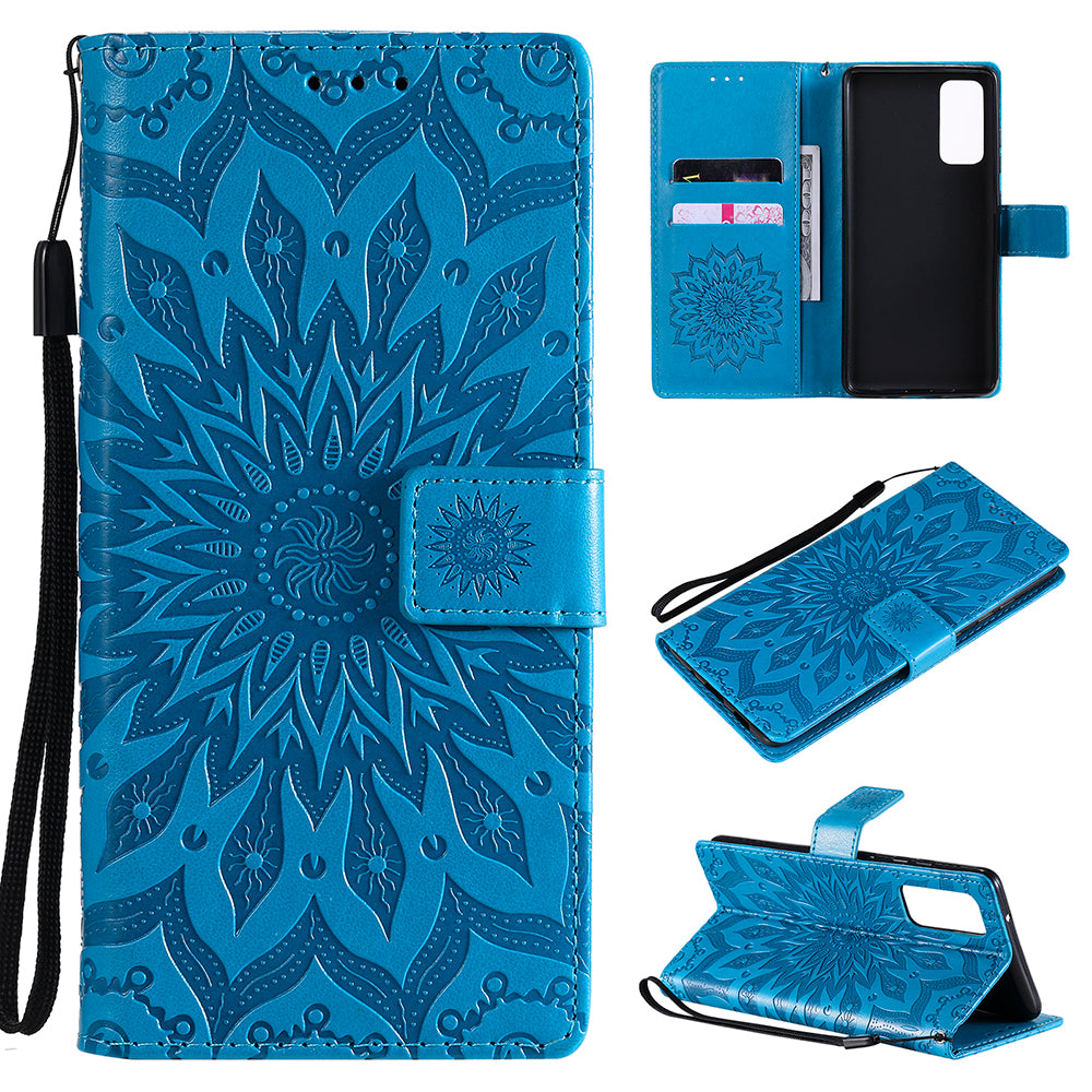 For Samsung Galaxy S20 FE/S20 Fan Edition/S20 FE 5G/S20 Fan Edition 5G/S20 Lite/S20 FE 2022 KT Imprinting Flower Series-1 Imprint Sunflower Pattern PU Leather Phone Cover Shell with Wallet and Stand - Blue