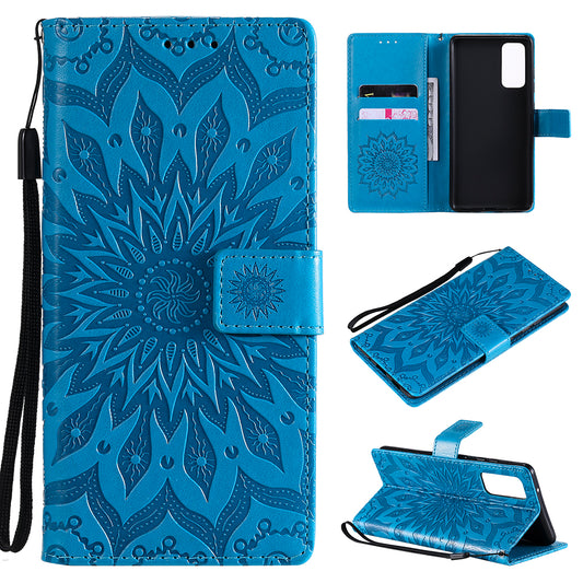 For Samsung Galaxy S20 FE/S20 Fan Edition/S20 FE 5G/S20 Fan Edition 5G/S20 Lite/S20 FE 2022 KT Imprinting Flower Series-1 Imprint Sunflower Pattern PU Leather Phone Cover Shell with Wallet and Stand - Blue