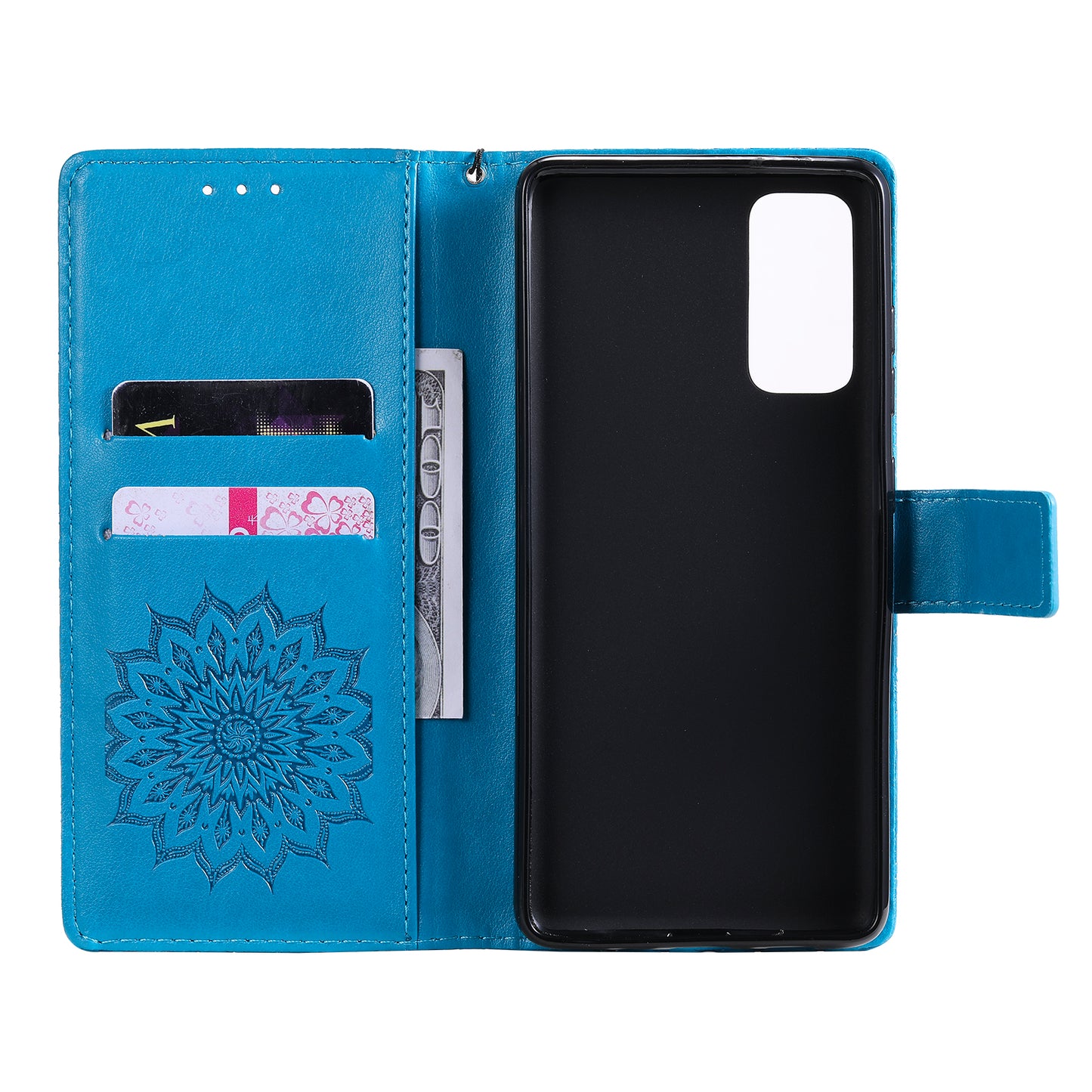 For Samsung Galaxy S20 FE/S20 Fan Edition/S20 FE 5G/S20 Fan Edition 5G/S20 Lite/S20 FE 2022 KT Imprinting Flower Series-1 Imprint Sunflower Pattern PU Leather Phone Cover Shell with Wallet and Stand - Blue