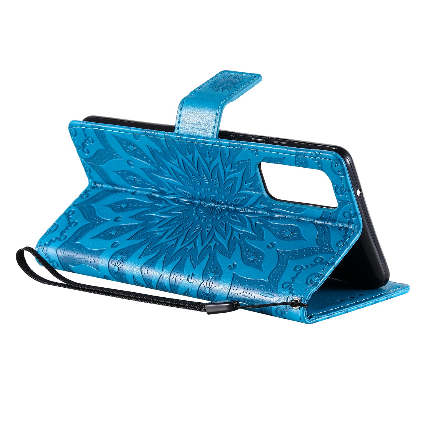 For Samsung Galaxy S20 FE/S20 Fan Edition/S20 FE 5G/S20 Fan Edition 5G/S20 Lite/S20 FE 2022 KT Imprinting Flower Series-1 Imprint Sunflower Pattern PU Leather Phone Cover Shell with Wallet and Stand - Blue
