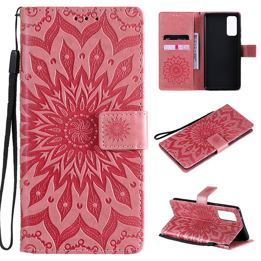 For Samsung Galaxy S20 FE/S20 Fan Edition/S20 FE 5G/S20 Fan Edition 5G/S20 Lite/S20 FE 2022 KT Imprinting Flower Series-1 Imprint Sunflower Pattern PU Leather Phone Cover Shell with Wallet and Stand - Pink