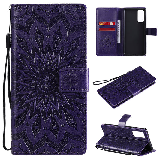 For Samsung Galaxy S20 FE/S20 Fan Edition/S20 FE 5G/S20 Fan Edition 5G/S20 Lite/S20 FE 2022 KT Imprinting Flower Series-1 Imprint Sunflower Pattern PU Leather Phone Cover Shell with Wallet and Stand - Purple