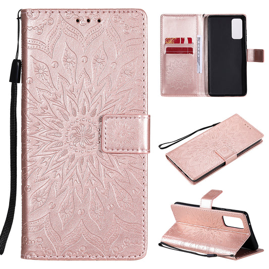 For Samsung Galaxy S20 FE/S20 Fan Edition/S20 FE 5G/S20 Fan Edition 5G/S20 Lite/S20 FE 2022 KT Imprinting Flower Series-1 Imprint Sunflower Pattern PU Leather Phone Cover Shell with Wallet and Stand - Rose Gold