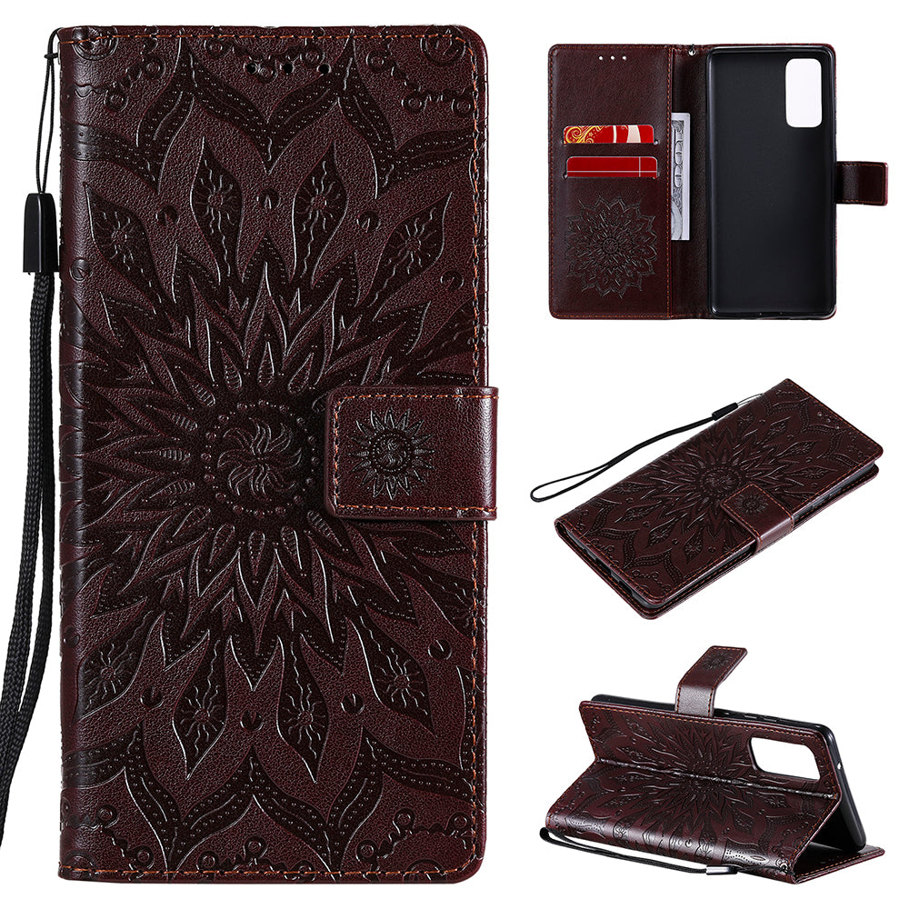 For Samsung Galaxy S20 FE/S20 Fan Edition/S20 FE 5G/S20 Fan Edition 5G/S20 Lite/S20 FE 2022 KT Imprinting Flower Series-1 Imprint Sunflower Pattern PU Leather Phone Cover Shell with Wallet and Stand - Brown