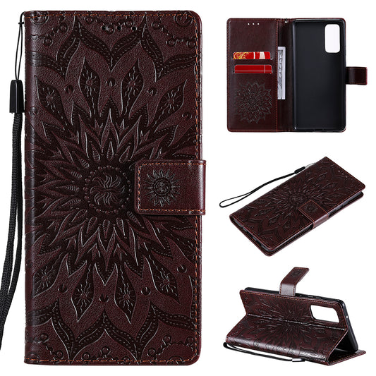For Samsung Galaxy S20 FE/S20 Fan Edition/S20 FE 5G/S20 Fan Edition 5G/S20 Lite/S20 FE 2022 KT Imprinting Flower Series-1 Imprint Sunflower Pattern PU Leather Phone Cover Shell with Wallet and Stand - Brown
