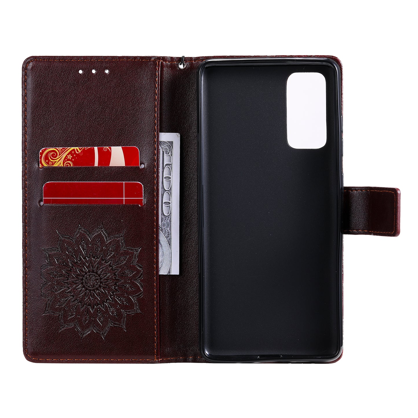 For Samsung Galaxy S20 FE/S20 Fan Edition/S20 FE 5G/S20 Fan Edition 5G/S20 Lite/S20 FE 2022 KT Imprinting Flower Series-1 Imprint Sunflower Pattern PU Leather Phone Cover Shell with Wallet and Stand - Brown