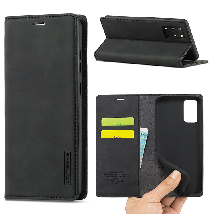 LC.IMEEKE Auto-Absorbed Leather Wallet Stand Phone Protective Shell with Wallet Stand for Samsung Galaxy S20 Plus/S20 Plus 5G - Black