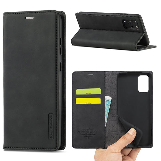 LC.IMEEKE Auto-Absorbed Leather Wallet Stand Phone Protective Shell with Wallet Stand for Samsung Galaxy S20 Plus/S20 Plus 5G - Black