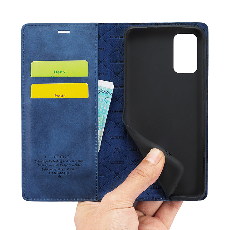 LC.IMEEKE Auto-Absorbed Leather Wallet Stand Phone Protective Shell with Wallet Stand for Samsung Galaxy S20 Plus/S20 Plus 5G - Blue