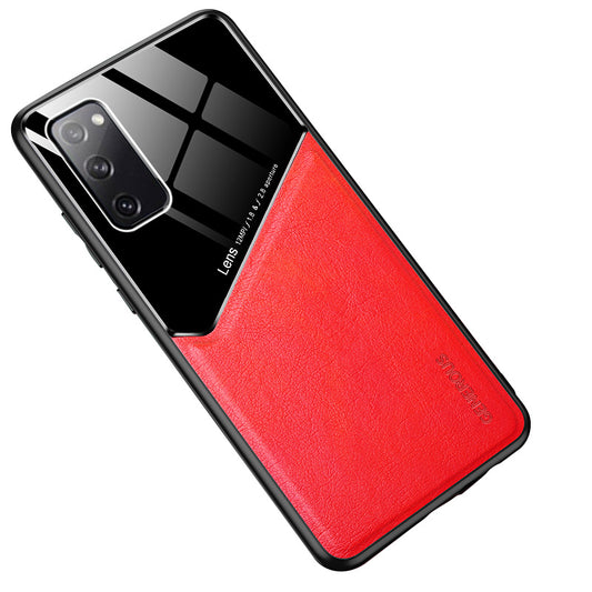 For Samsung Galaxy S20 FE/S20 Fan Edition/S20 FE 5G/S20 Fan Edition 5G/S20 Lite/S20 FE 2022 Leather Skin Glass PC TPU Hybrid Case with Built-in Magnetic Metal Sheet - Red