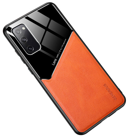 For Samsung Galaxy S20 FE/S20 Fan Edition/S20 FE 5G/S20 Fan Edition 5G/S20 Lite/S20 FE 2022 Leather Skin Glass PC TPU Hybrid Case with Built-in Magnetic Metal Sheet - Orange