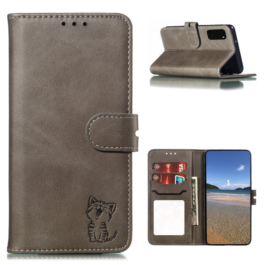 Imprint Happy Cat PU Leather Wallet Stand Case for Samsung Galaxy S20 FE/S20 Fan Edition/S20 FE 5G/S20 Fan Edition 5G - Grey