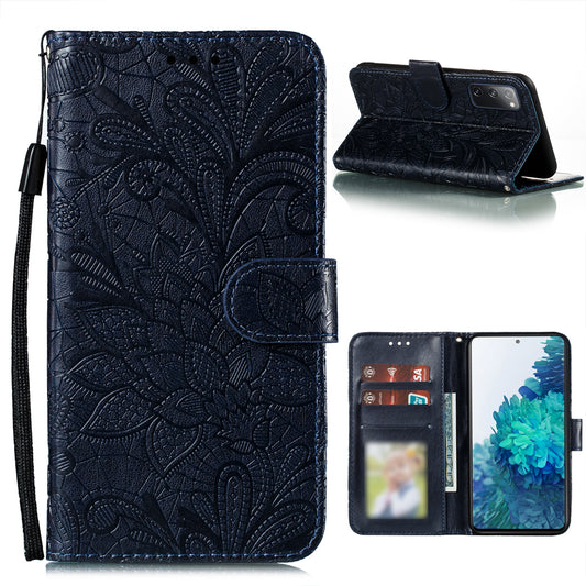 Leather Wallet Phone Cover Shell with Lace Flowers Pattern Imprinting for Samsung Galaxy S20 FE/S20 Fan Edition/S20 FE 5G/S20 Fan Edition 5G/S20 Lite - Blue