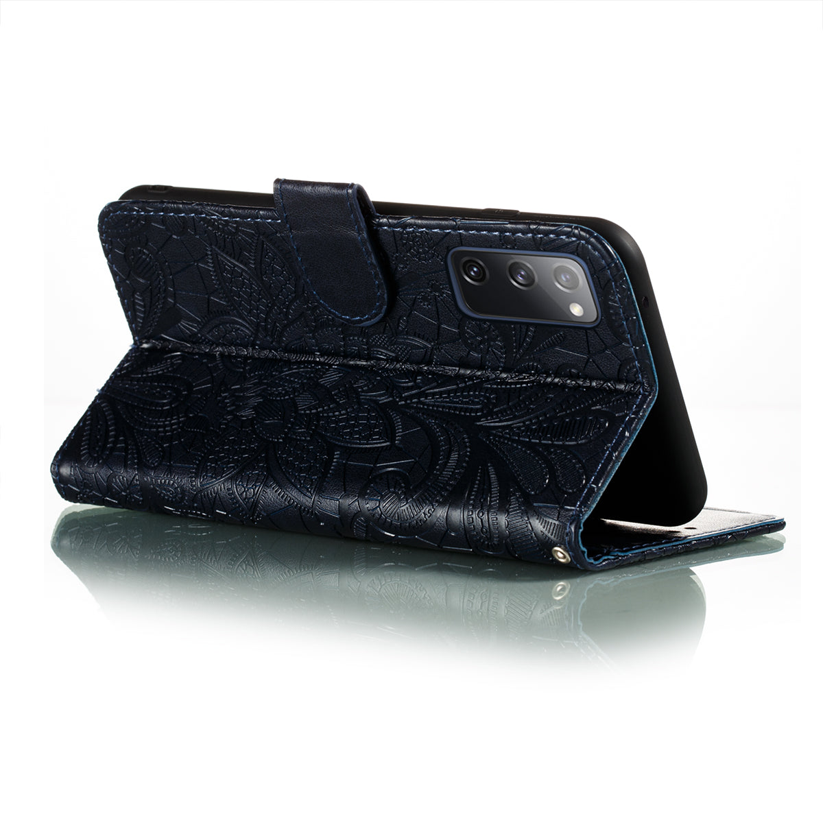 Leather Wallet Phone Cover Shell with Lace Flowers Pattern Imprinting for Samsung Galaxy S20 FE/S20 Fan Edition/S20 FE 5G/S20 Fan Edition 5G/S20 Lite - Blue