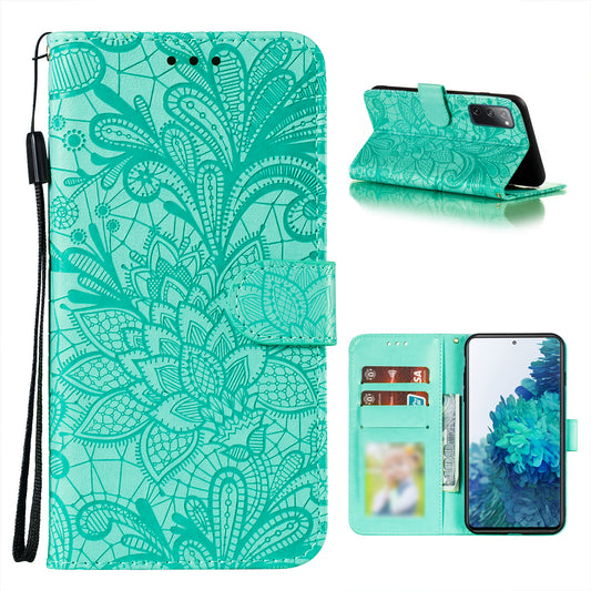 Leather Wallet Phone Cover Shell with Lace Flowers Pattern Imprinting for Samsung Galaxy S20 FE/S20 Fan Edition/S20 FE 5G/S20 Fan Edition 5G/S20 Lite - Green
