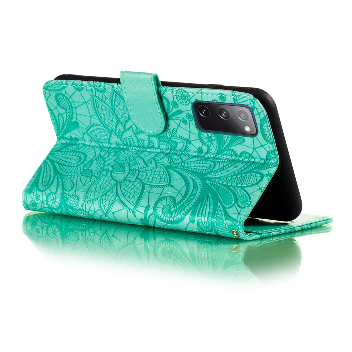 Leather Wallet Phone Cover Shell with Lace Flowers Pattern Imprinting for Samsung Galaxy S20 FE/S20 Fan Edition/S20 FE 5G/S20 Fan Edition 5G/S20 Lite - Green