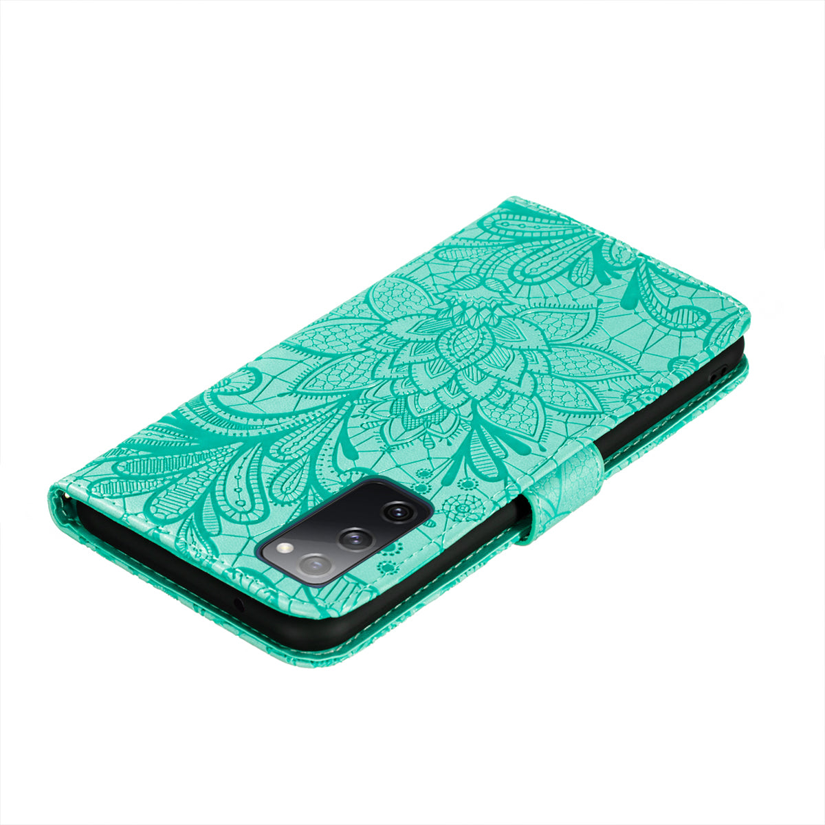 Leather Wallet Phone Cover Shell with Lace Flowers Pattern Imprinting for Samsung Galaxy S20 FE/S20 Fan Edition/S20 FE 5G/S20 Fan Edition 5G/S20 Lite - Green