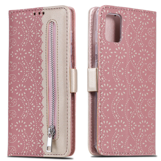 Lace Flower Skin Zipper Leather Cover for Samsung Galaxy S20 FE 4G/5G/2022/S20 Lite - Pink