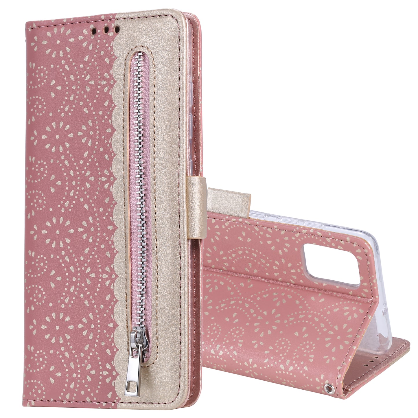 Lace Flower Skin Zipper Leather Cover for Samsung Galaxy S20 FE 4G/5G/2022/S20 Lite - Pink