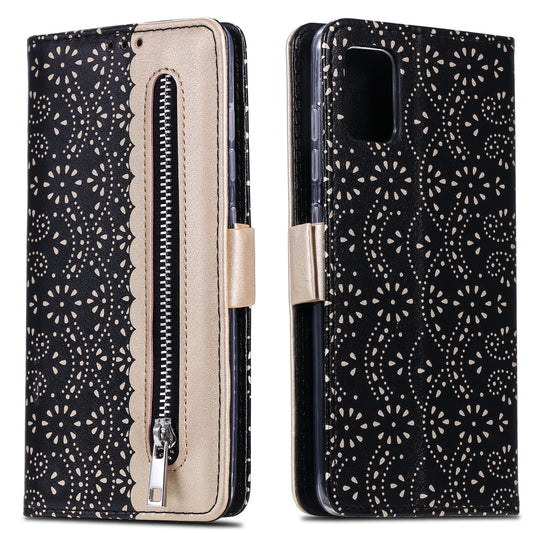 Lace Flower Skin Zipper Leather Cover for Samsung Galaxy S20 FE 4G/5G/2022/S20 Lite - Black