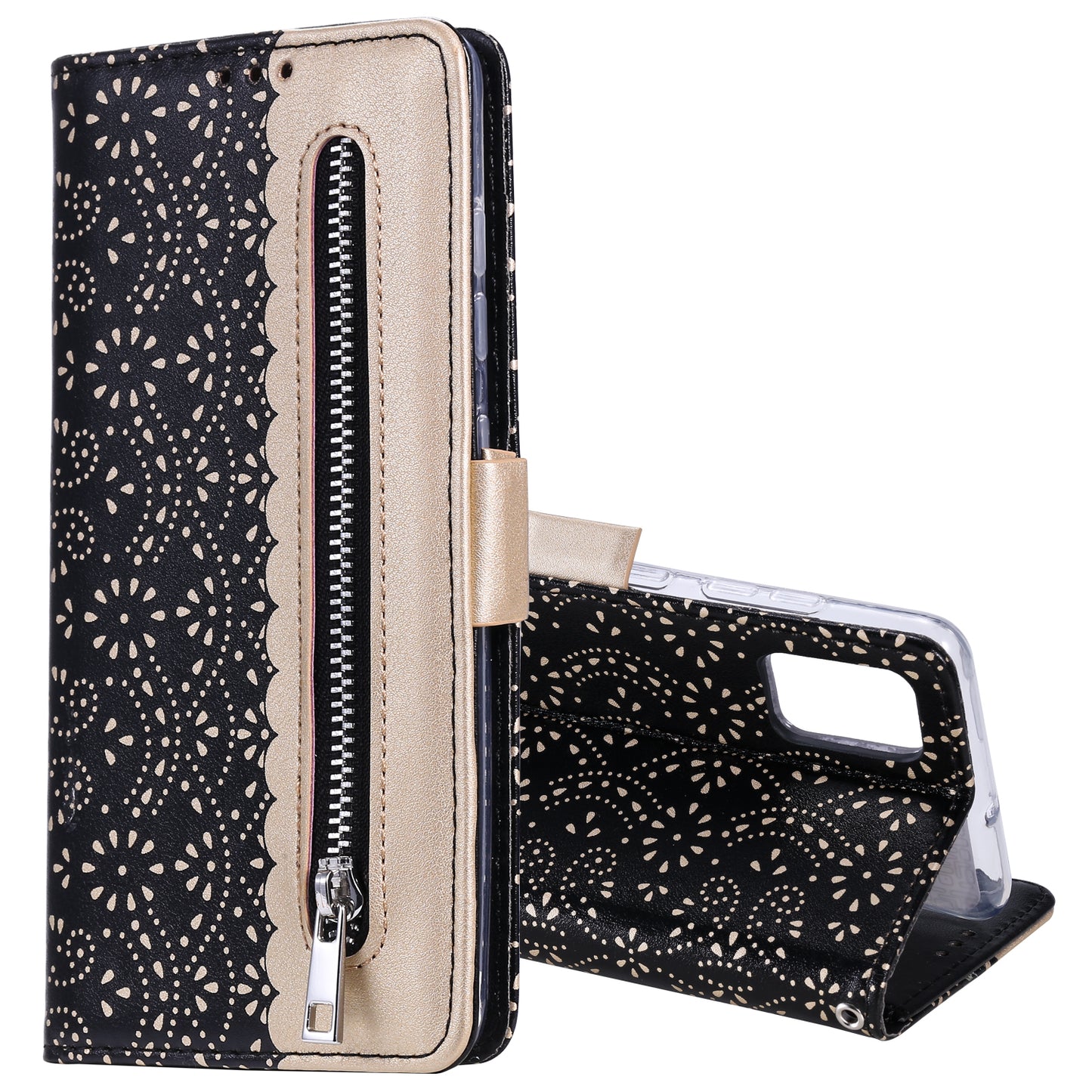 Lace Flower Skin Zipper Leather Cover for Samsung Galaxy S20 FE 4G/5G/2022/S20 Lite - Black
