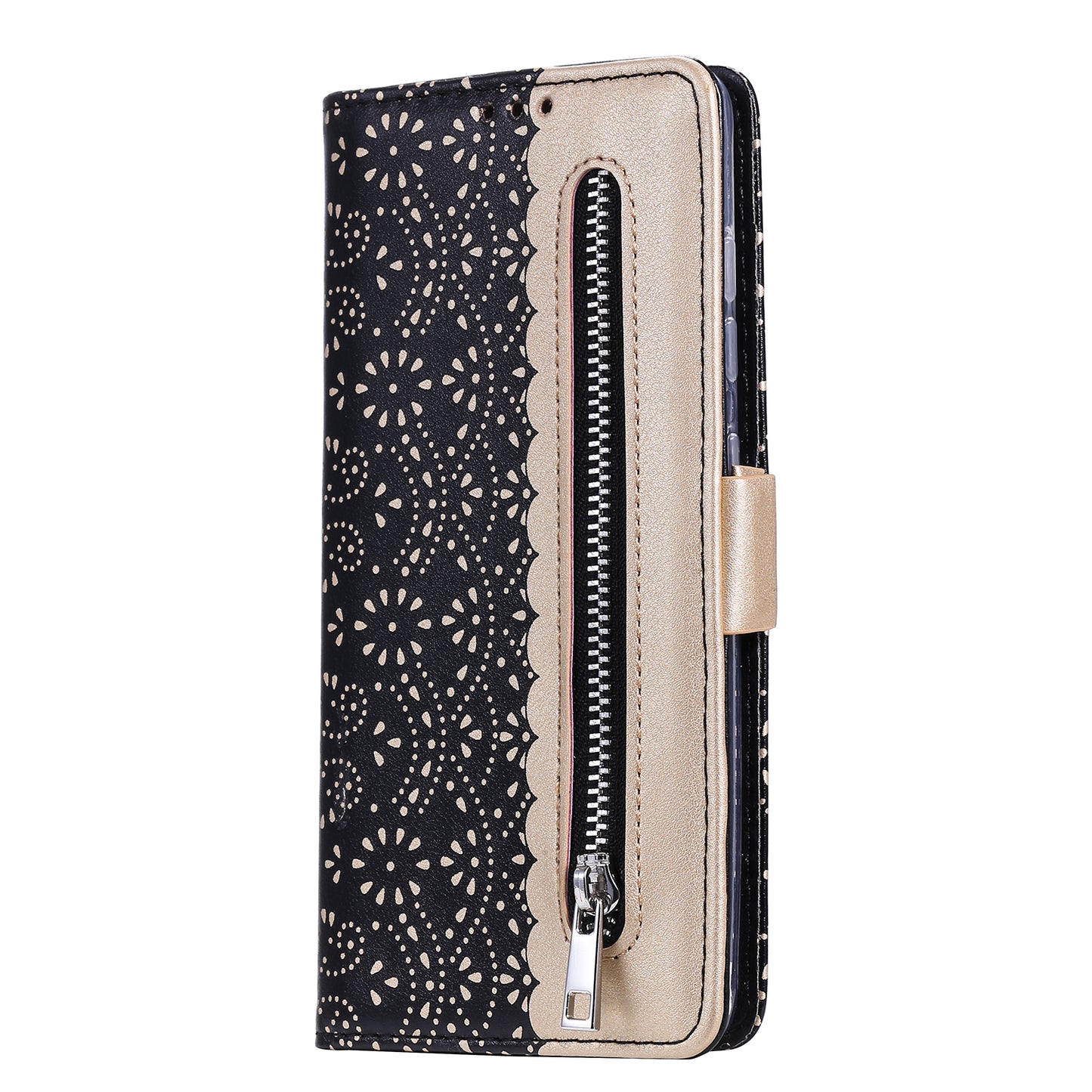Lace Flower Skin Zipper Leather Cover for Samsung Galaxy S20 FE 4G/5G/2022/S20 Lite - Black