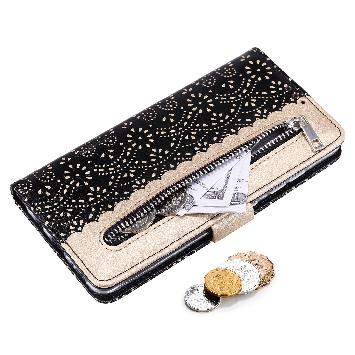 Lace Flower Skin Zipper Leather Cover for Samsung Galaxy S20 FE 4G/5G/2022/S20 Lite - Black