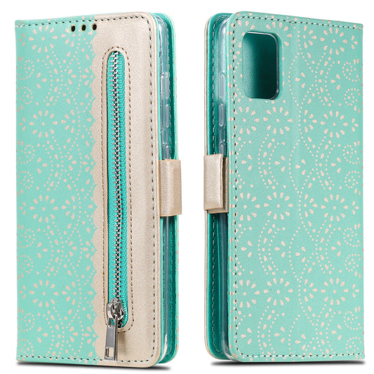 Lace Flower Skin Zipper Leather Cover for Samsung Galaxy S20 FE 4G/5G/2022/S20 Lite - Green