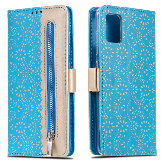 Lace Flower Skin Zipper Leather Cover for Samsung Galaxy S20 FE 4G/5G/2022/S20 Lite - Blue