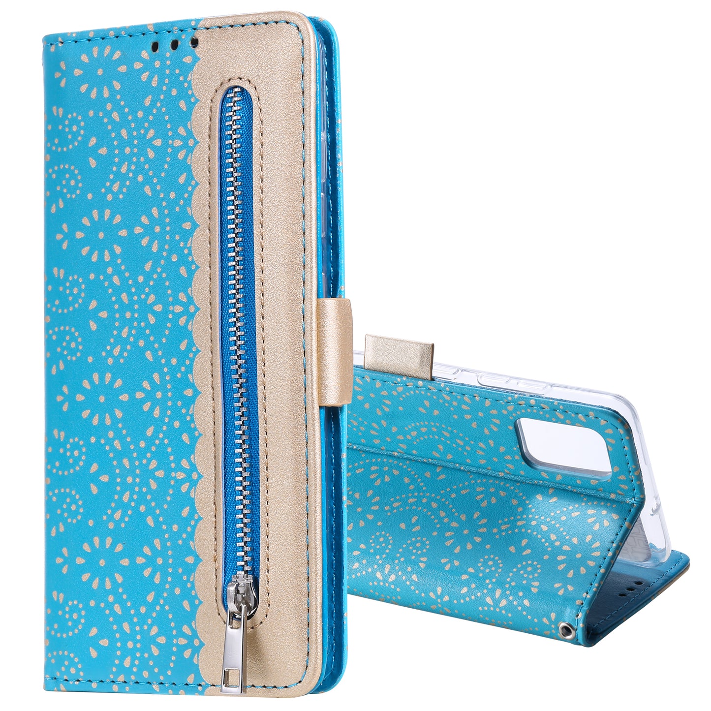 Lace Flower Skin Zipper Leather Cover for Samsung Galaxy S20 FE 4G/5G/2022/S20 Lite - Blue