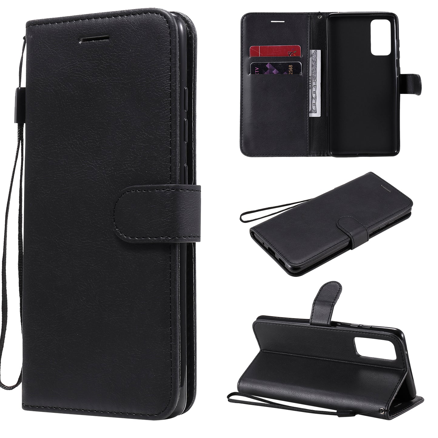 KT Leather Series-2 PU Leather Wallet Stand Case with Lanyard for Samsung Galaxy S20 FE 4G/5G/2022/S20 Lite - Black