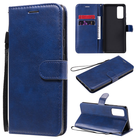 KT Leather Series-2 PU Leather Wallet Stand Case with Lanyard for Samsung Galaxy S20 FE 4G/5G/2022/S20 Lite - Blue
